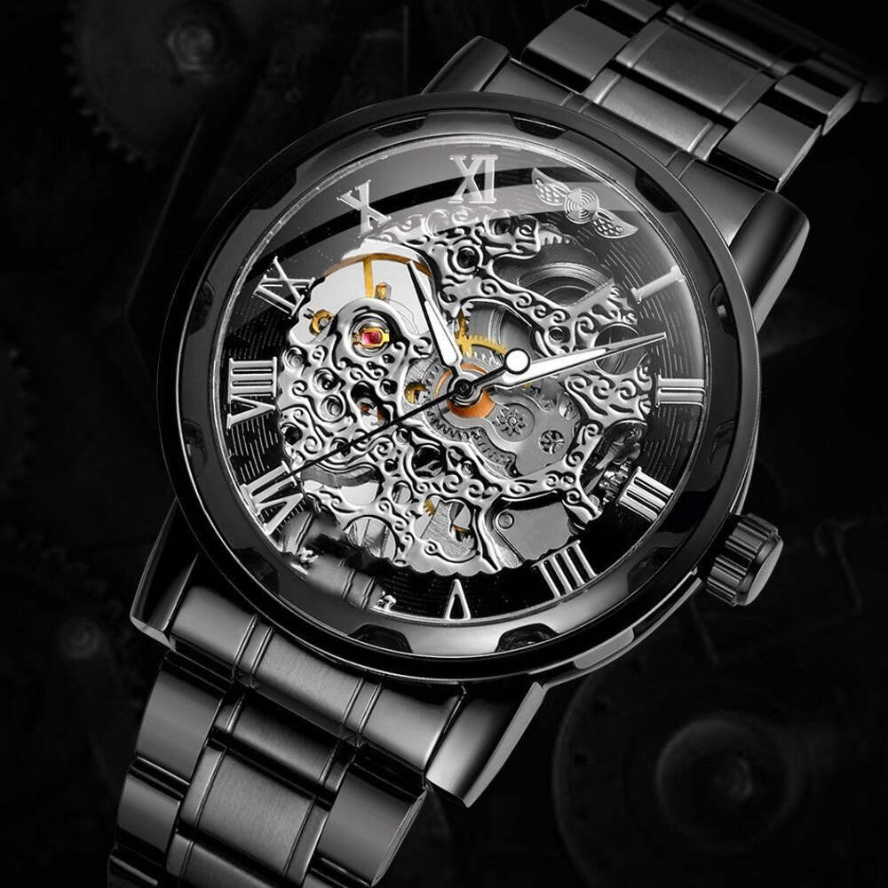 Men's Vintage Style Automatic Mechanical Watch with Butterfly Clasp and Black Di