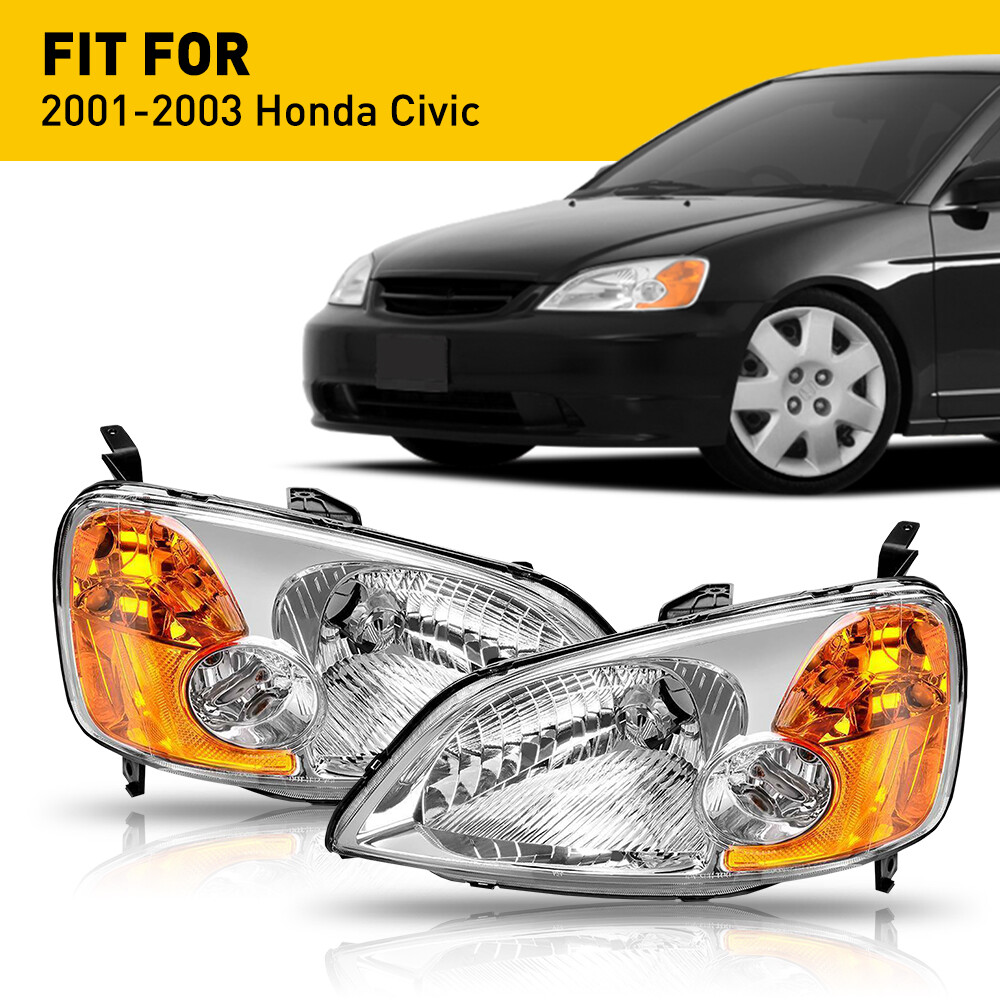 For 01-03 Honda Civic 2/4DR JDM Headlights Lamps Pairs Left + Right Chrome C 12V