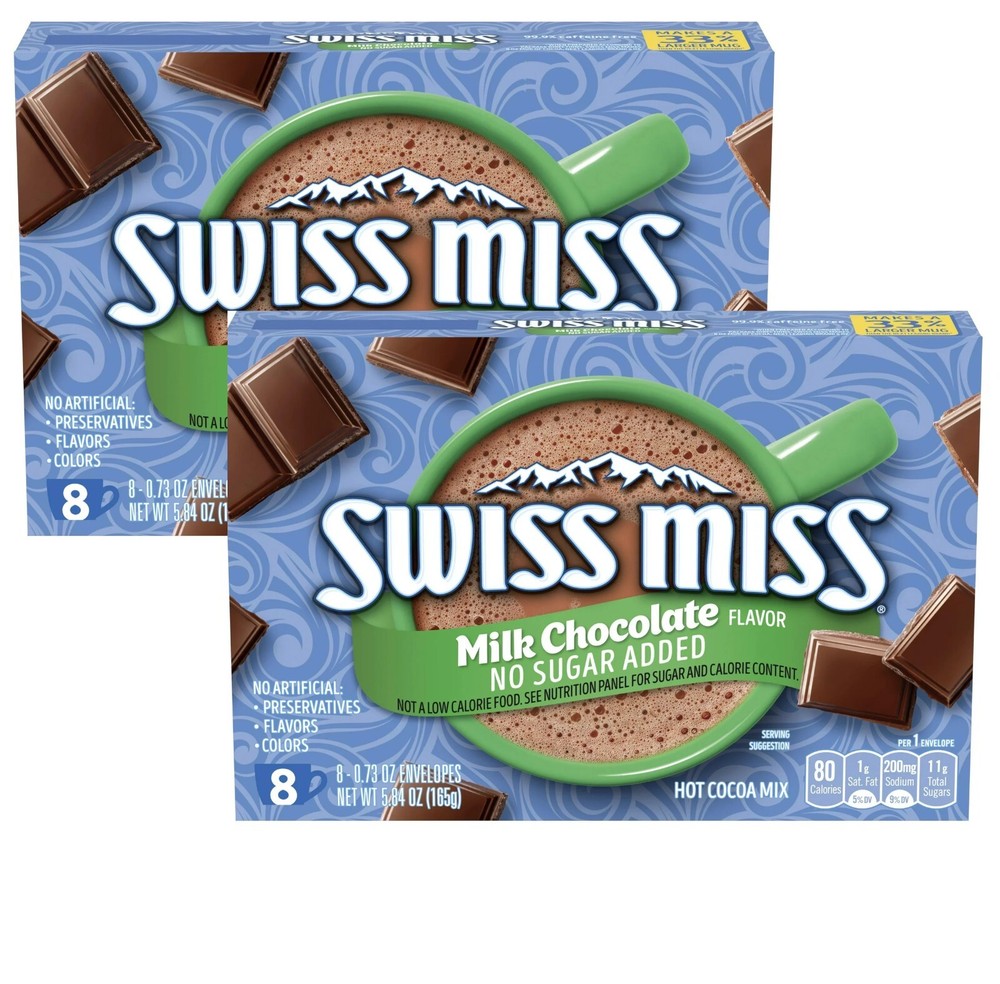 Swiss Miss NO SUGAR Added Milk Chocolate Hot Cocoa 8 Envelopes (2 Pack)
