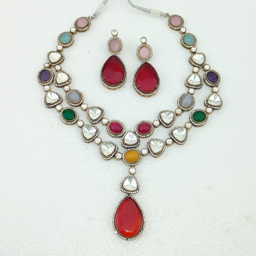 Navratan Necklace Set Ruby Earrings 9 Gem Gold Plated Indian Wedding Jewelry