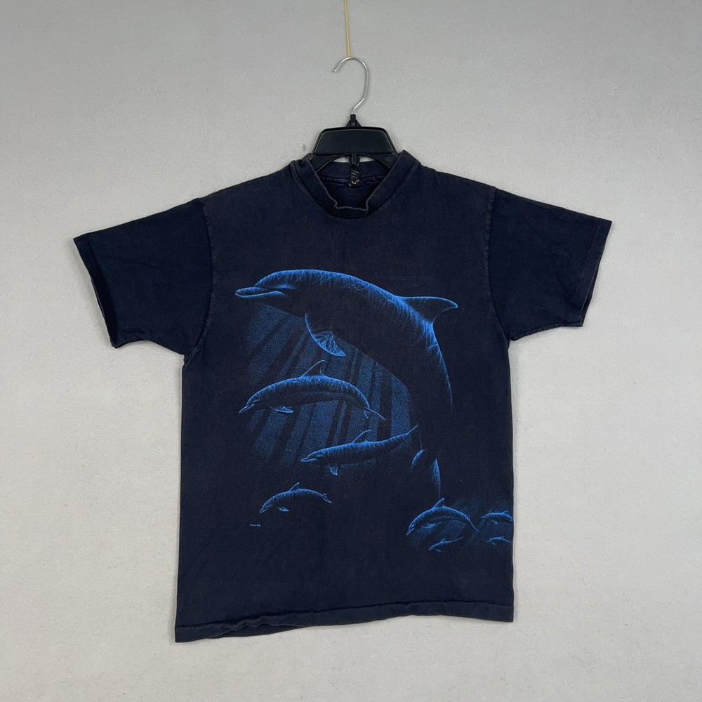 Vintage Dolphin Shirt Mens Large Black Blue Sherrys Best Single Stitch Sea Ocean