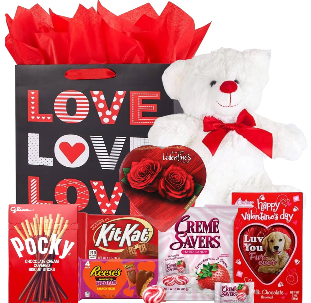Valentine's Day Gift Basket with Teddy Bear Plush and Elmer Heart Chocolates in Red or White-image