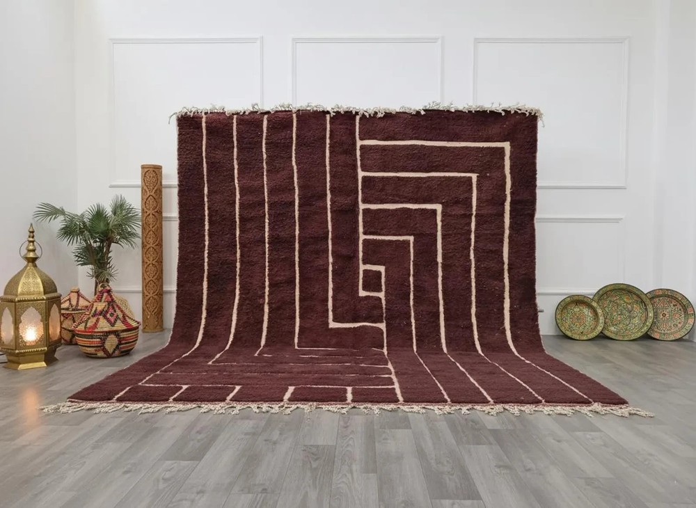 Hand Knotted Moroccan Berber Wool Rug Color Burgundy Handmade Design Carpet Rug