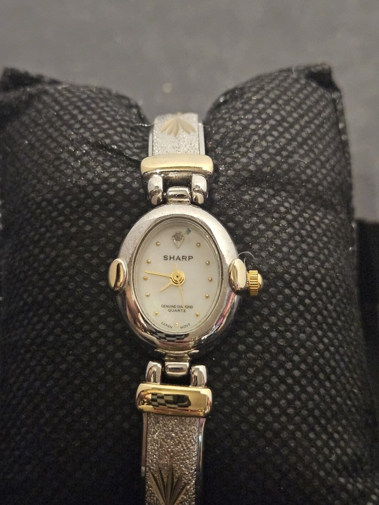 Vintage Sharp Genuine Diamond Quartz Ladies Watch Mother Of Pearl Dial