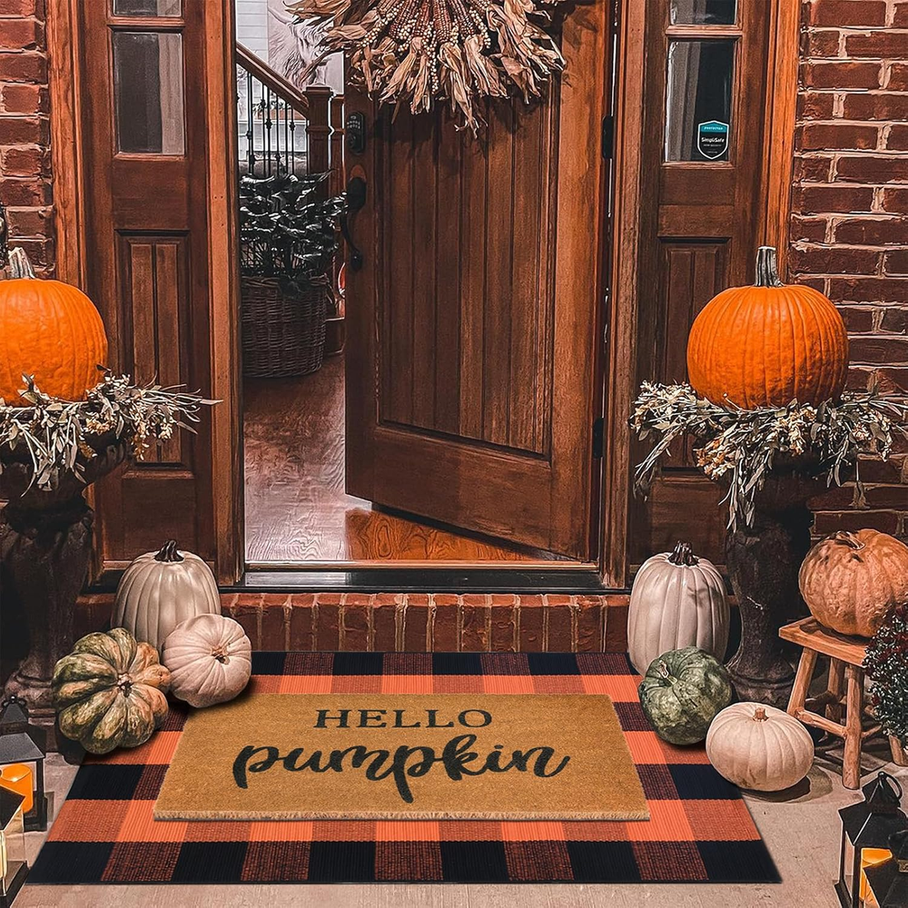 Fall Decor Door Mat Combo Set, 100% Coco Coir Welcome Mat + 28 X 43 Inches Orang