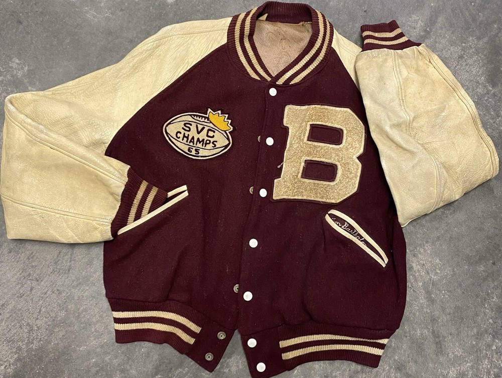Vintage 60s Varsity Letterman Jacket Chain Stitched Wool Leather Maroon Size 48