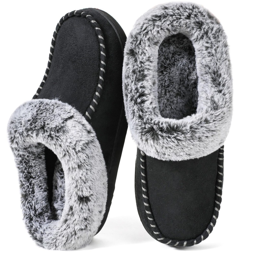 Women's Memory Foam House Slippers with Hard Bottom, Fur Lined House Shoes wi...