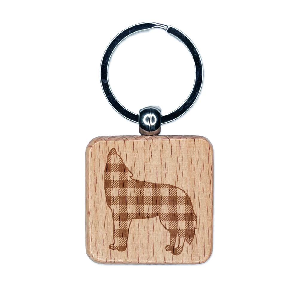 Plaid Howling Wolf Buffalo Engraved Wood Square Keychain Charm  