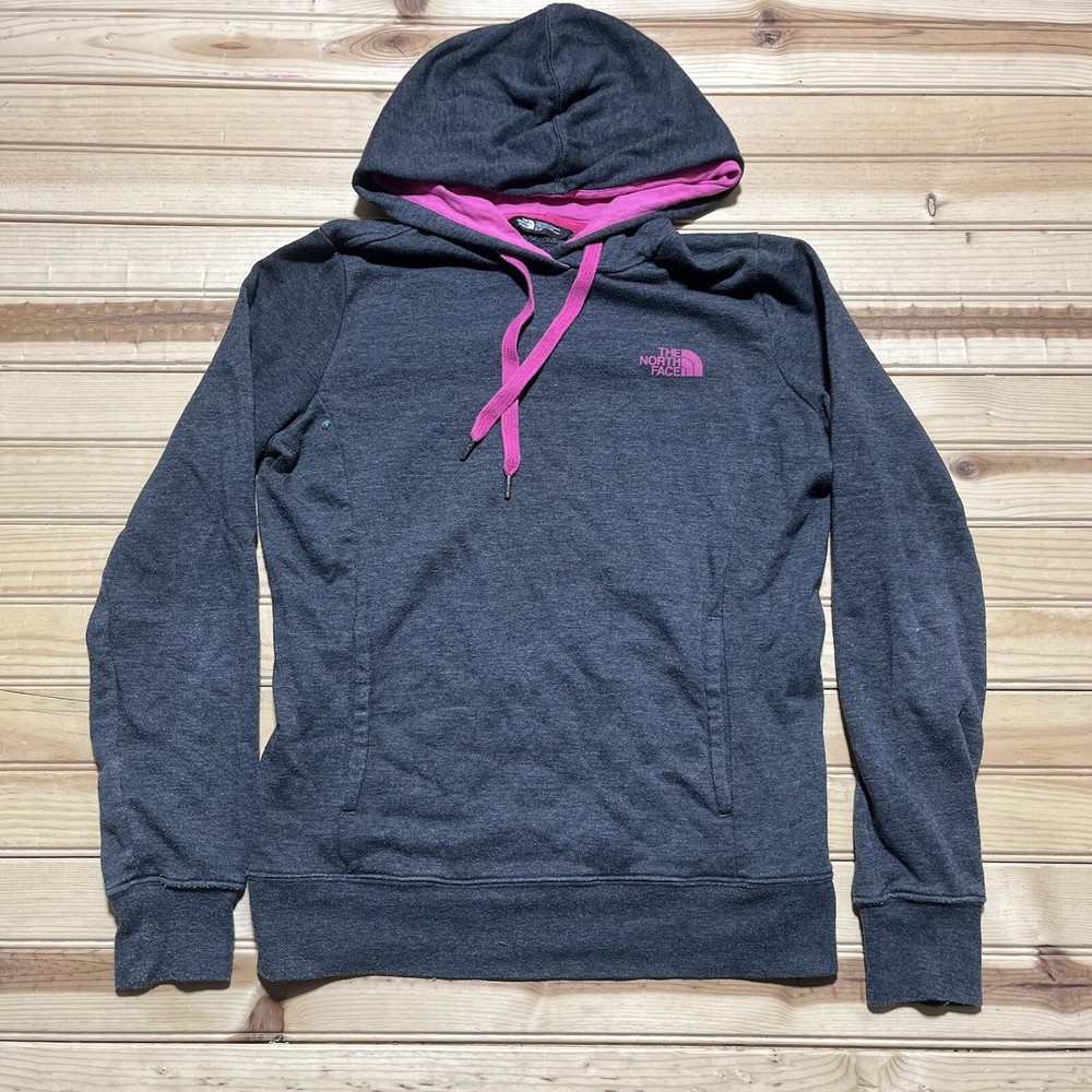 The North Face Lightweight Pink Grey Pullover Hoodie with Spellout Logo in Size Small