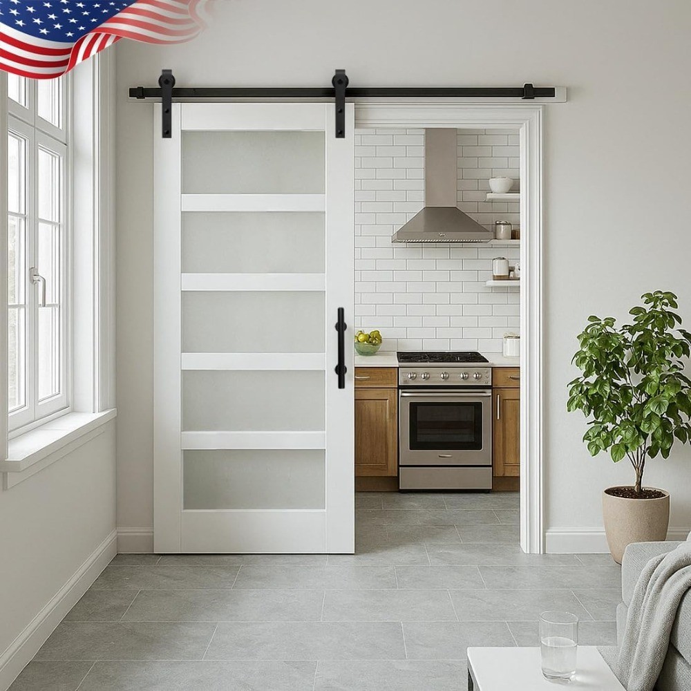 36 Inch x 84 Inch MDF Frosted Glass Sliding Barn Door with Hardware Kit 5