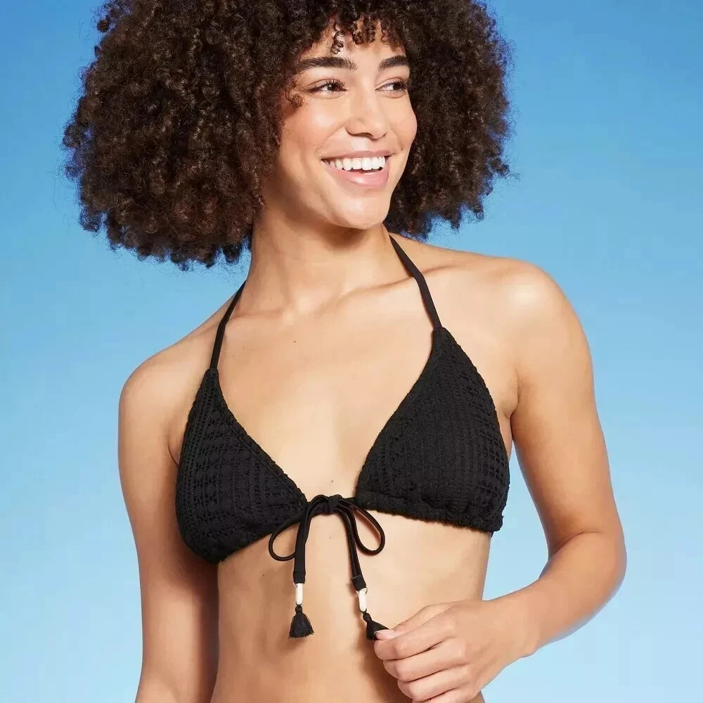 NWT Women's Crochet Triangle Bikini Top - Wild Fable™ Black Small