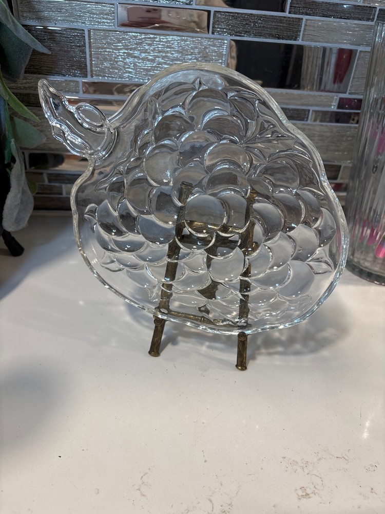 Vintage Clear Glass Candy Dish with Grape Cluster Design  