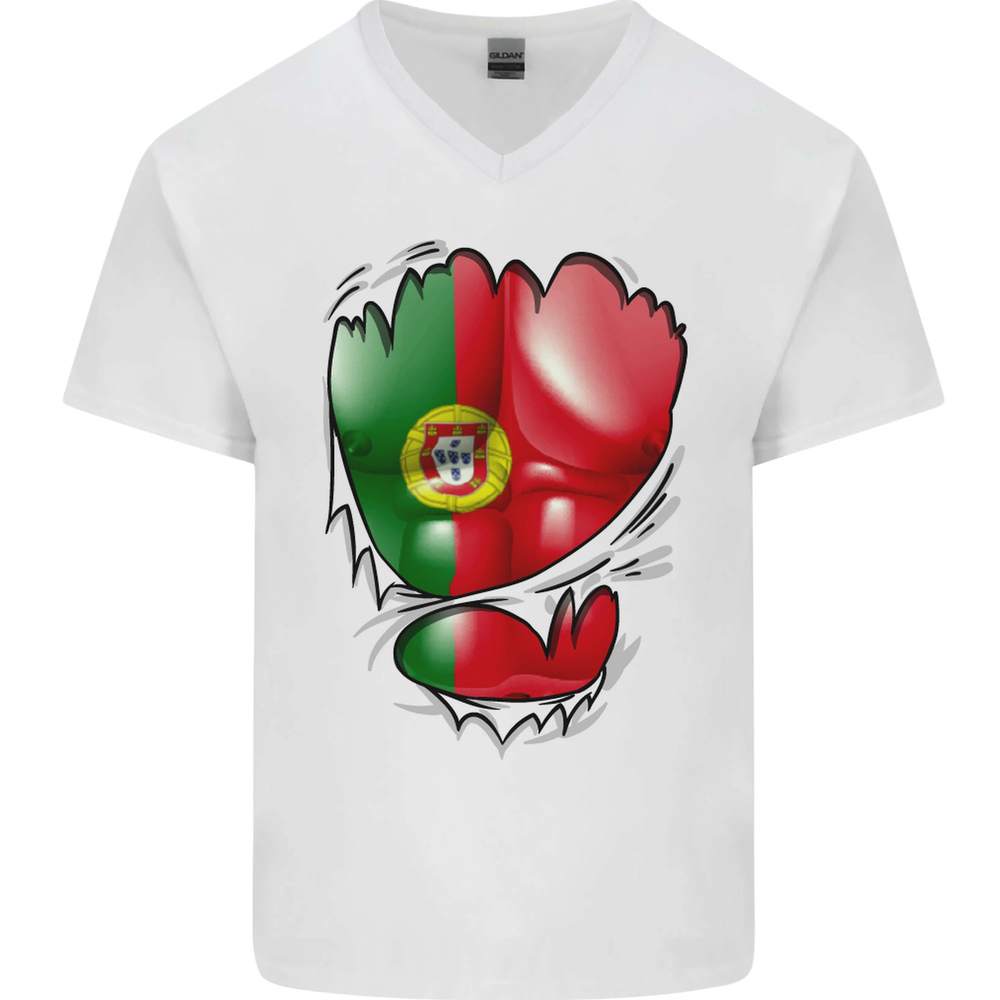 Gym Portuguese Flag Ripped Muscles Portugal Mens V-Neck Cotton T-Shirt
