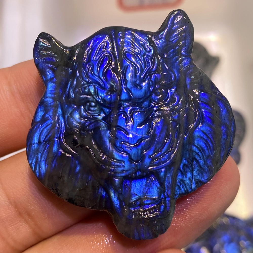 Natural Labradorite Hand carved Tiger Skull Quartz Crystal Reiki Healing 1pc