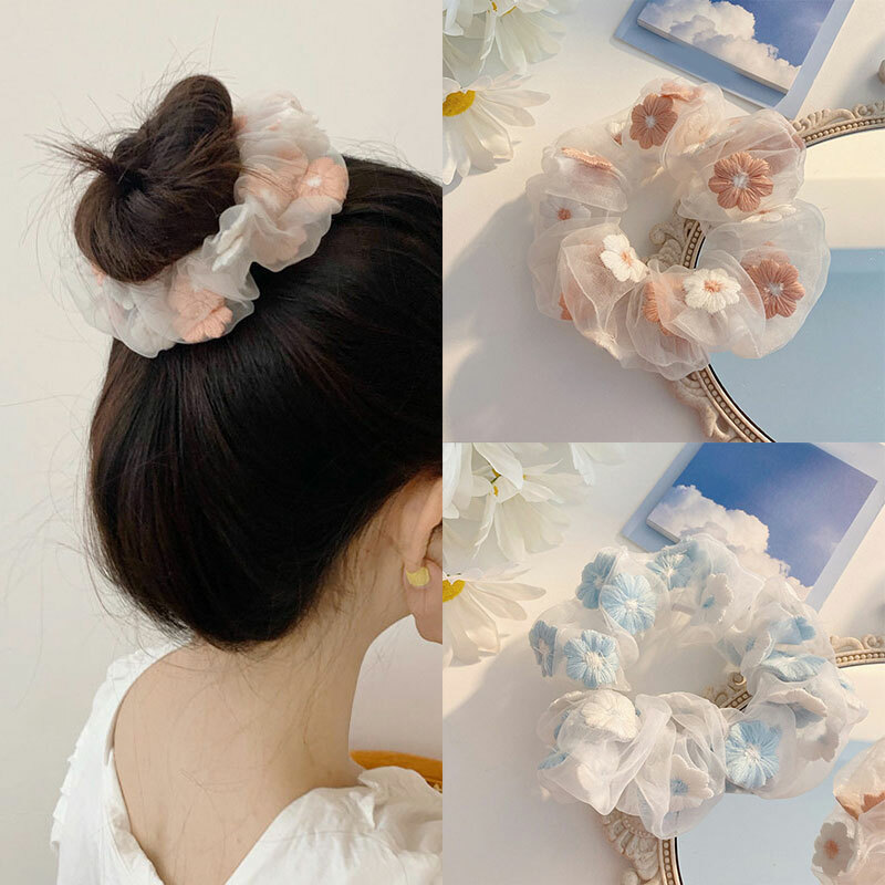 Women Girls Floral Mesh Hair Rings Elastic Headbands Fashion Hair Accessories