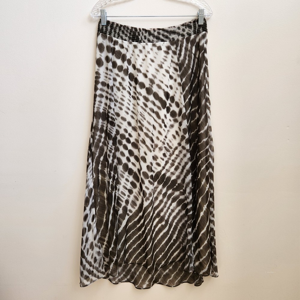 Chico’s Skirt Womens 1 Greta Olive Green Tie Dye Maxi Side Front Slit Boho Flowy