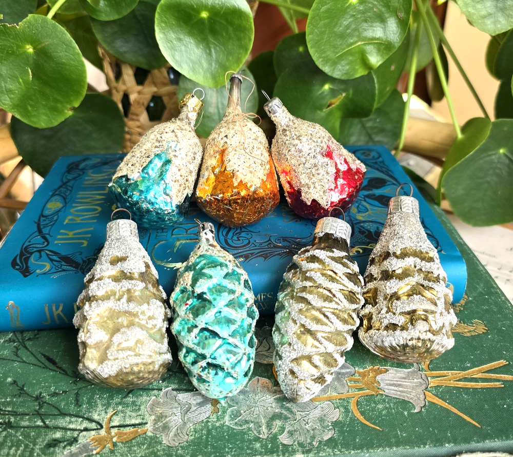 Antique German Lauscha Mercury Glass Christmas Tree Pine Cones 7 Snowy 1930s 50s