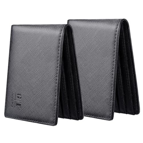 Slim Minimalist Mens Front Pocket Leather Wallet Black ID Card Holder 2 Pack
