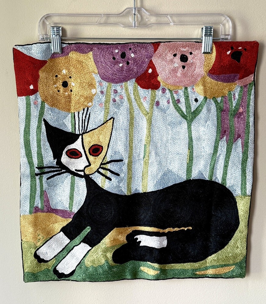 Kashmir Hand Embroidered Picasso Calico Cat Poppies Crewel Pillow Cover