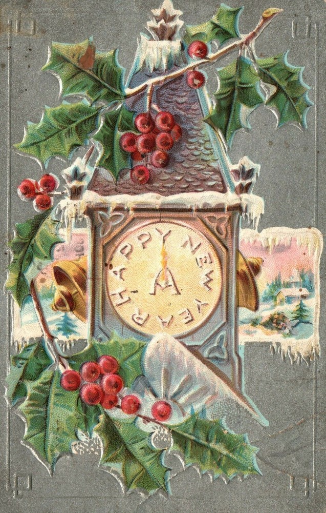 Happy New Years Day Clock with Holly and Bells Embossed Vintage Postcard 1910-image
