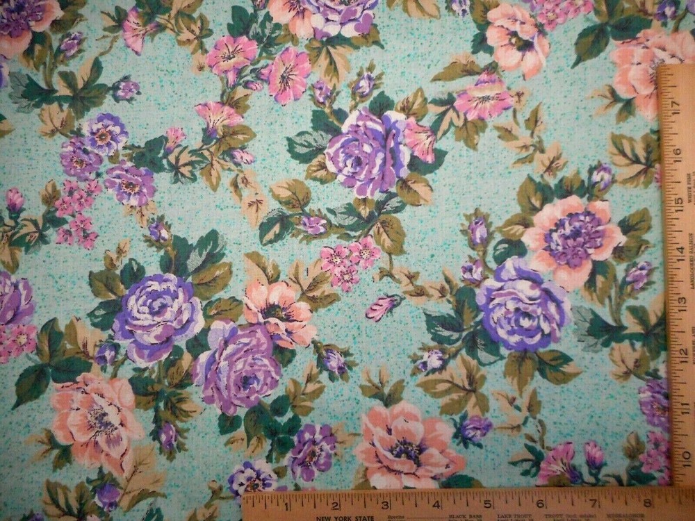 Cotton Chintz Fabric By Yard Purple Lt Orange Pink Floral on Green Polish Finish