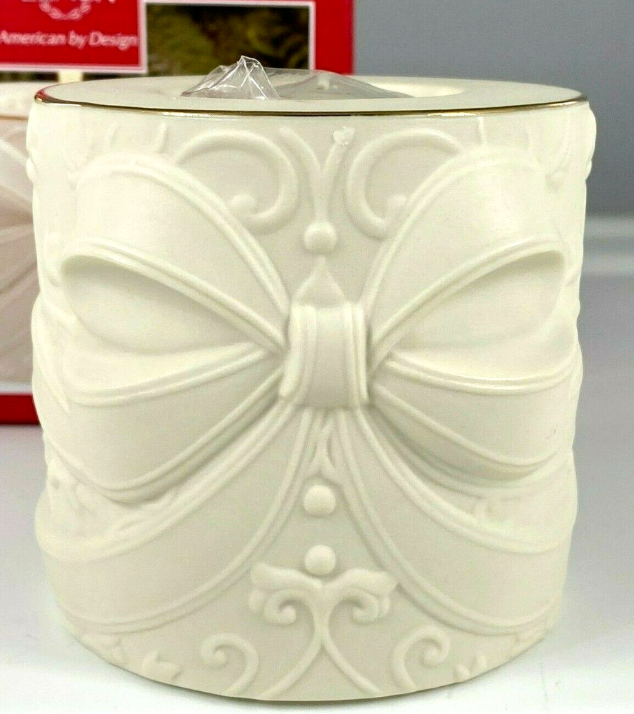 Lenox Bow Votive Holder with Gold Trim and Tea Light 3.25 Inch Radiant American Design