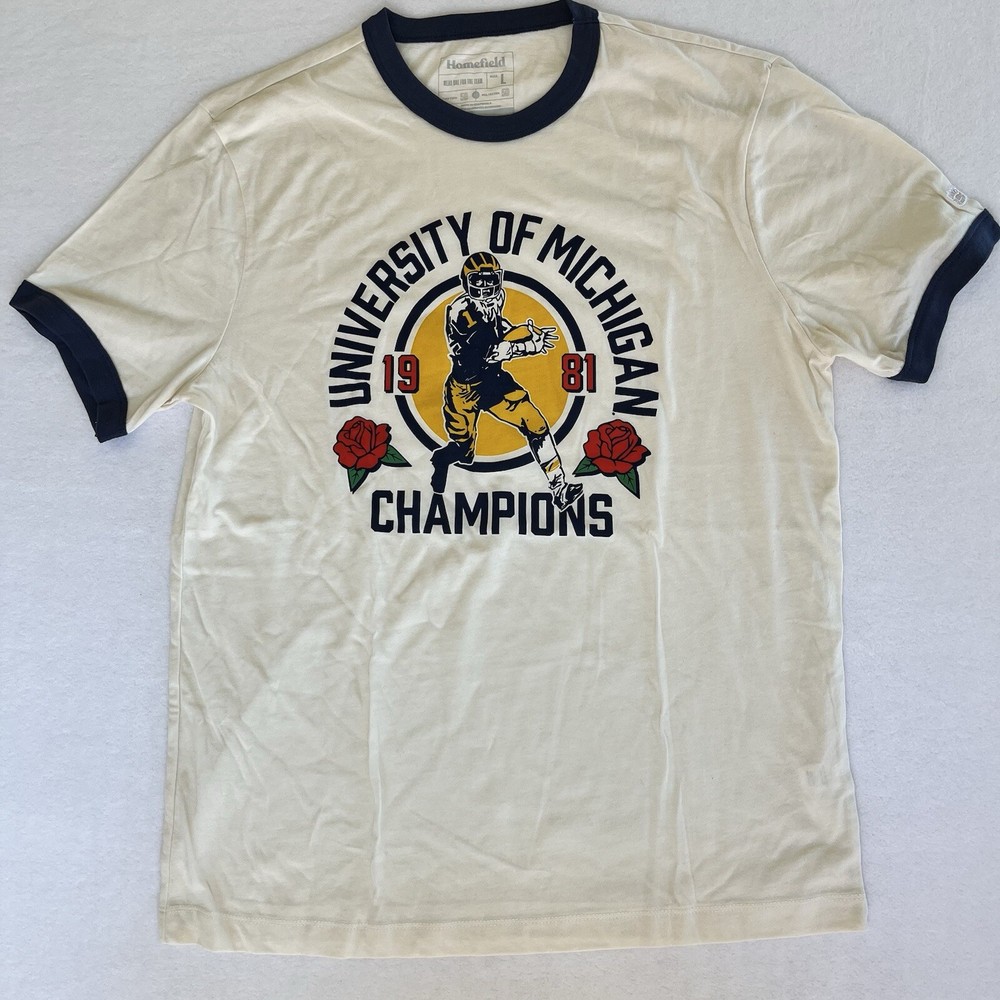 Michigan Wolverines Men's Large T-Shirt Homefield Ringer 1981 Champs Cream New