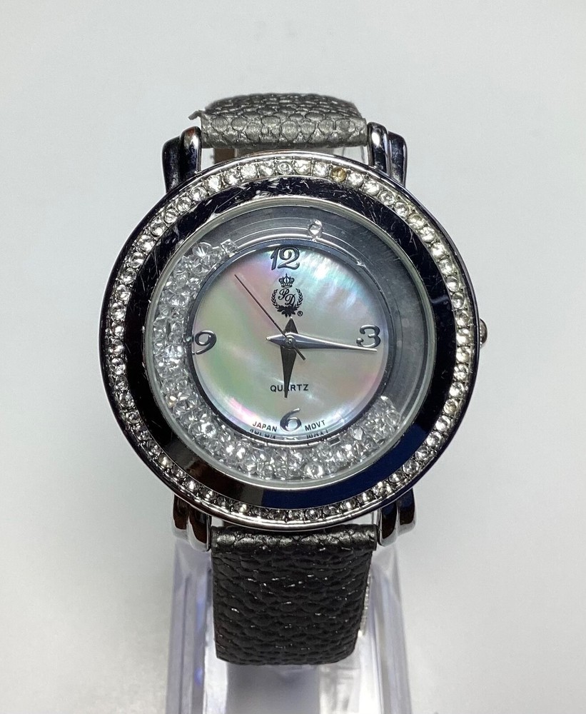 Premier Designs Womens Watch with Floating Crystals MOP Gray Pebble Band New Battery