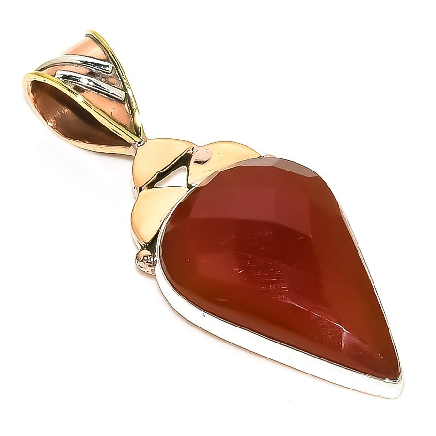 Natural Carnelian Gemstone Two-Tone 925 Sterling Silver Pendant 2 Inch