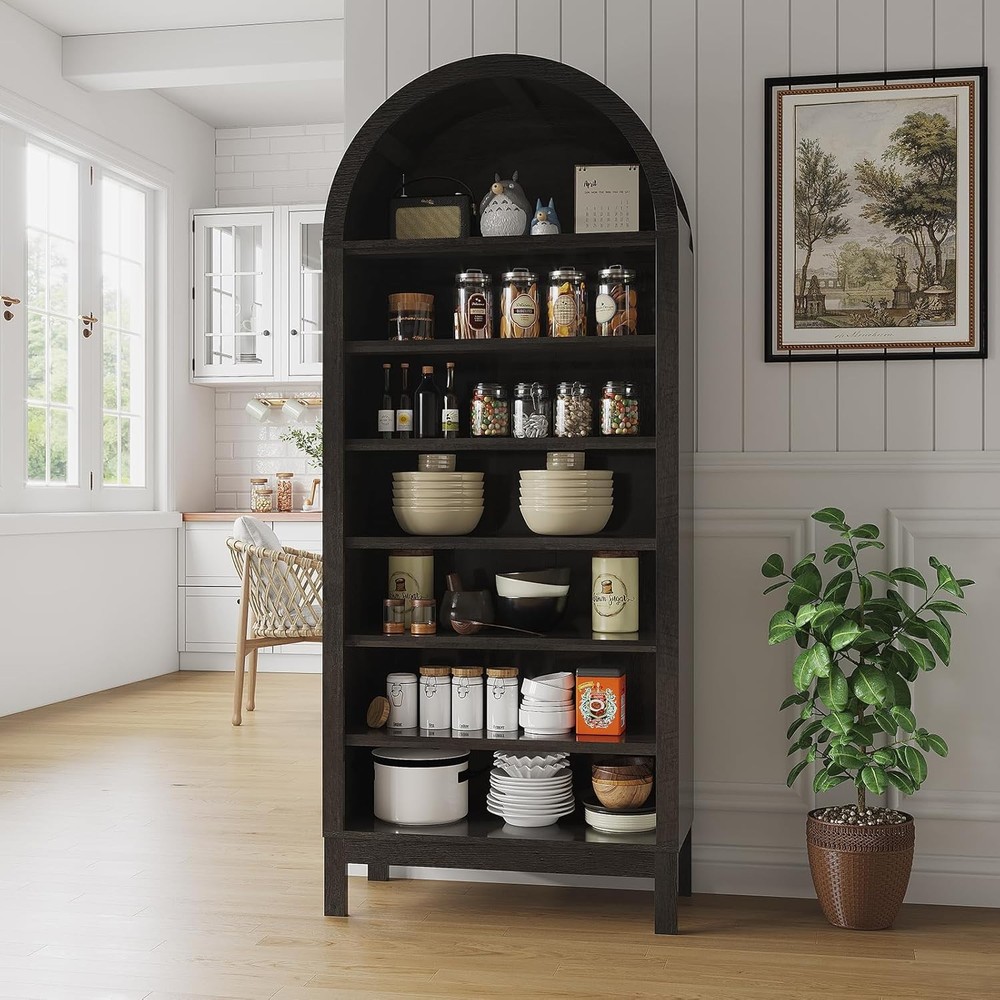 Arched Shoe Cabinet 7-Tier Wood Bookcase Rack w/ Adjustable Shelf Display Shelf