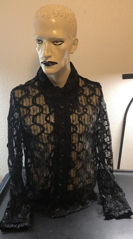 Lip Service Black List Vintage Fishnet See Through Gothic Button Up Shirt Size L