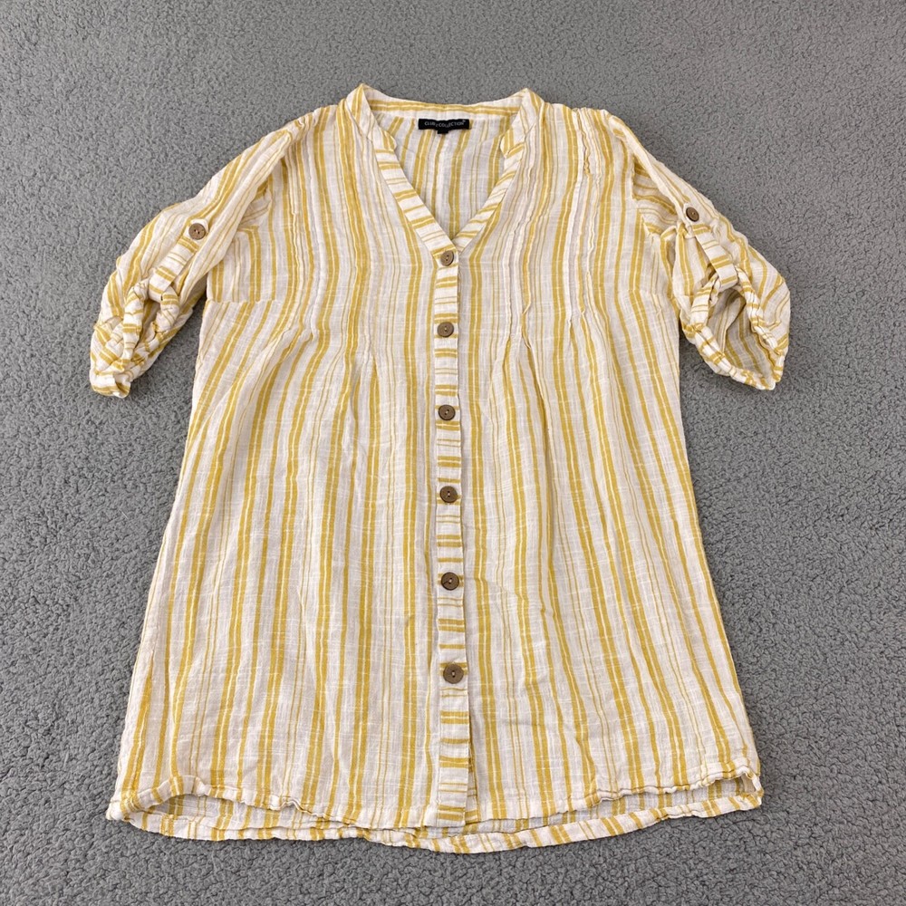 Club Z Collection Blouse Womens M Yellow Button Front Tunic Striped V Neck