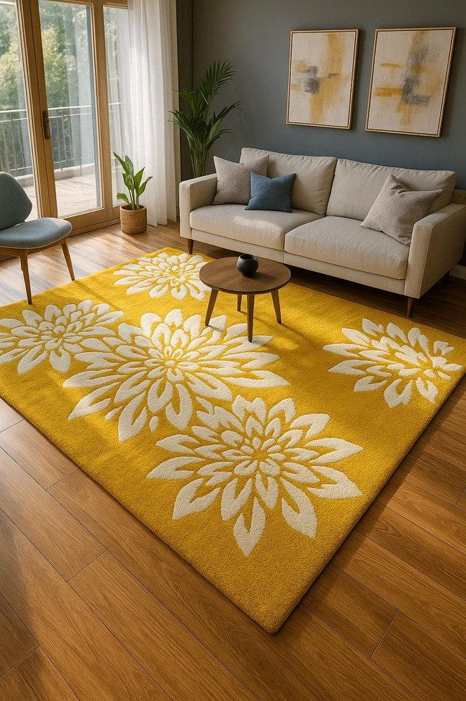 Hand-Tufted Wool Rug: Yellow Chrysanthemum Floral Design
