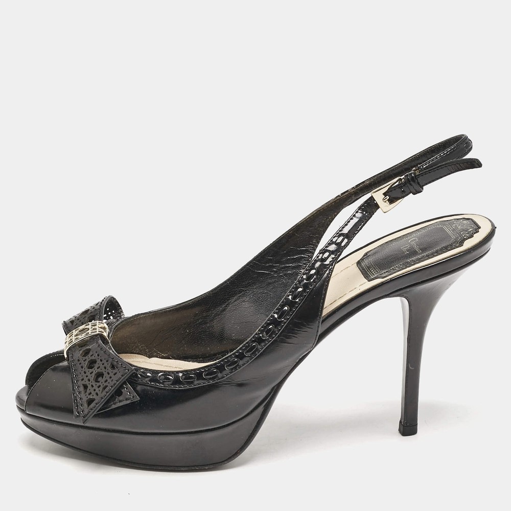 Dior Black Patent Leather Cannage Bow Detail Butterfly Slingback Pumps Size 37