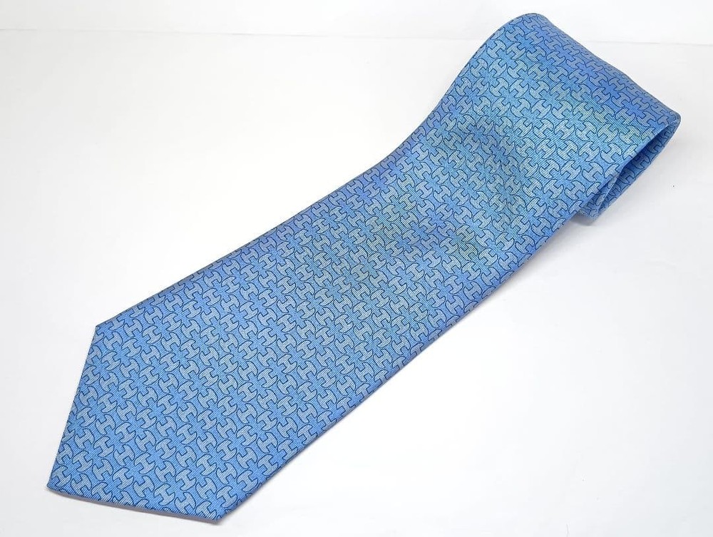 HERMES Necktie Tie Blue All over H Logo pattern Men's 100% Silk Made in France