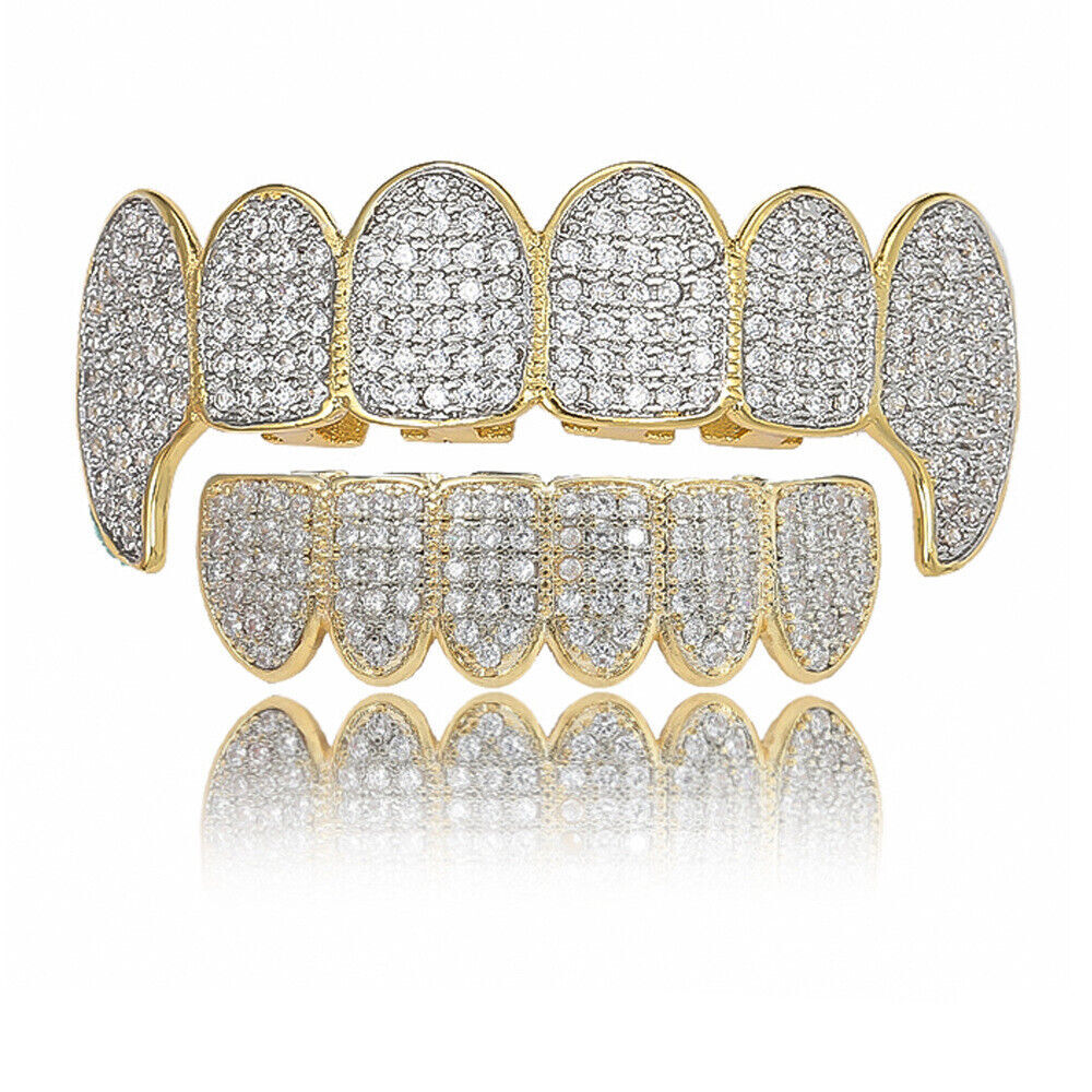 14K Gold Plated CZ Teeth Grillz Hip Hop Top Bottom Mouth Silver Grill Set Custom