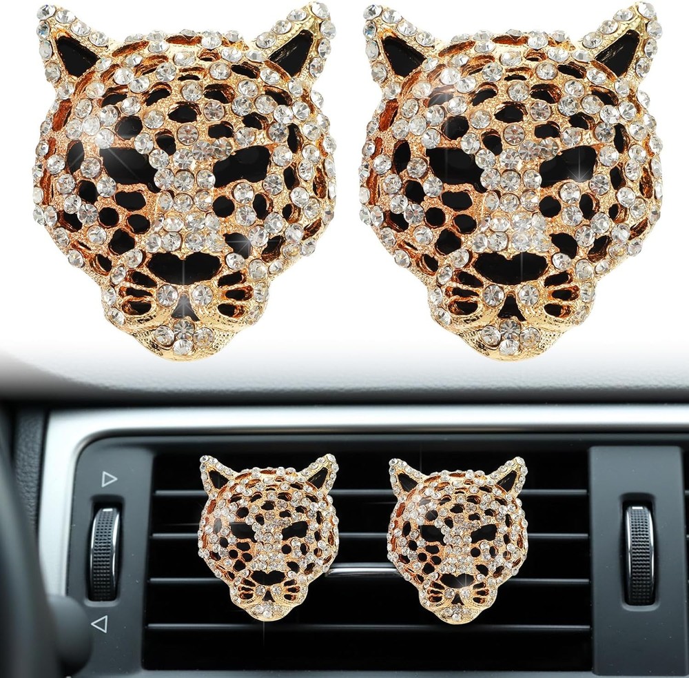 2 Pcs Bling Leopard Car Air Vent Clips Rhinestone Gold