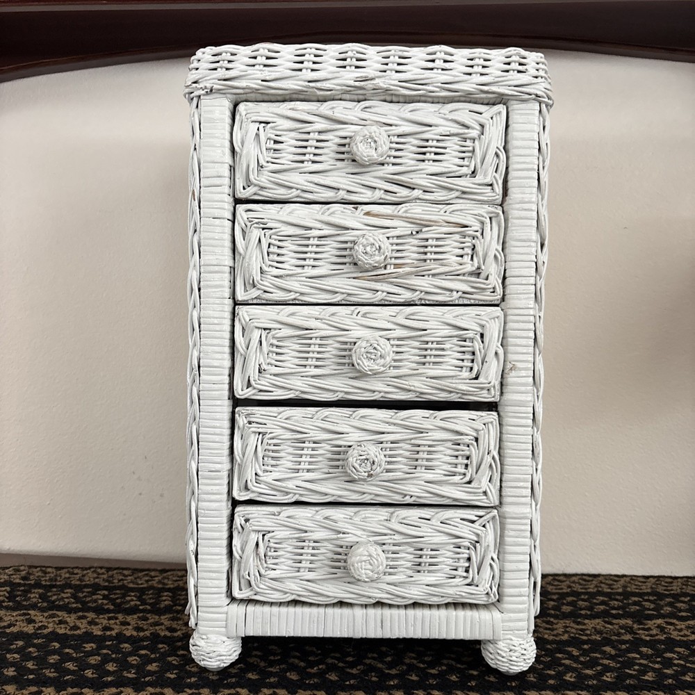 Vintage Boho 5 Drawer White Wicker Jewelry Box/Keeper~