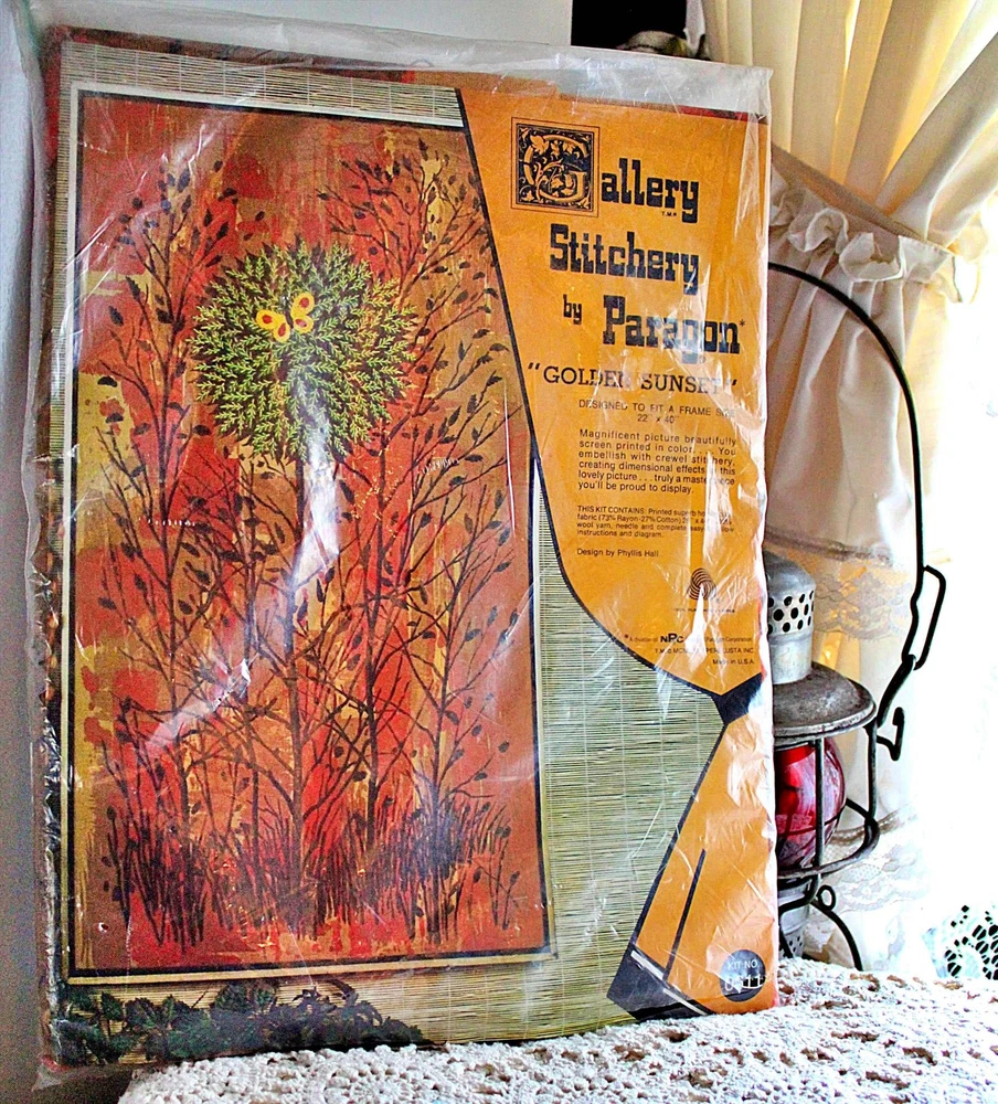 GOLDEN SUNSET Vtg Crewel Kit NO THREAD Paragon Embroidery 0611 Boho Wall Hanging