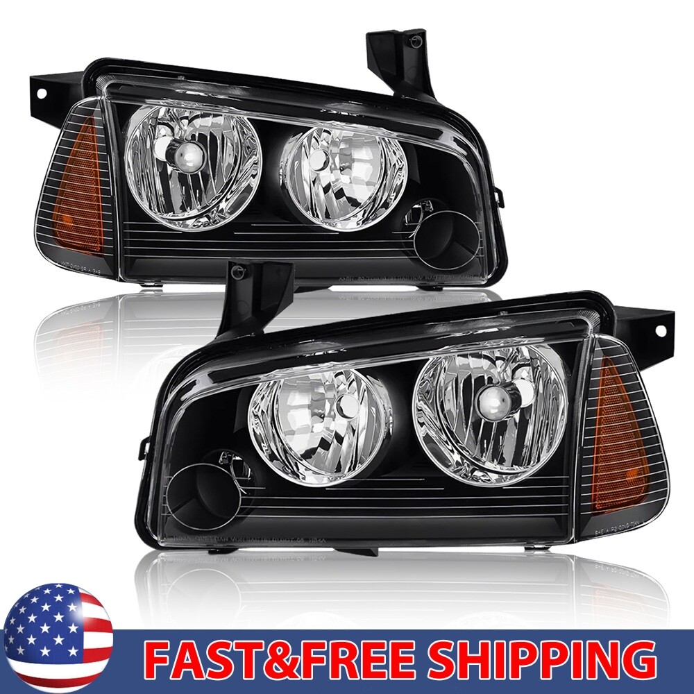 For 2006-2010 Dodge Charger Headlights Black Housing Amber Corner Lamps LH & RH