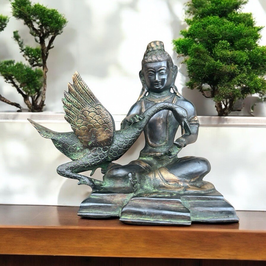 Bronze Asian Art  Buddha Guatama Siddhartha Nursing Swan Sculpture Aged Patina