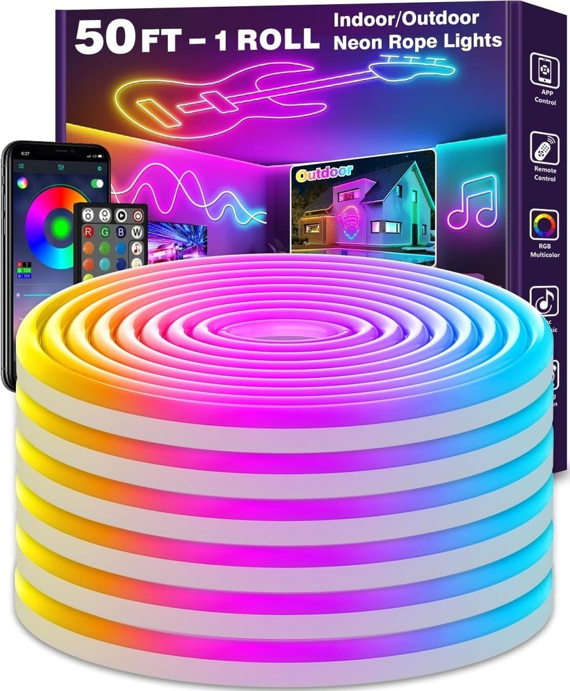 50FT RGB LED Neon Rope Lights Flexible Waterproof App Remote Music Sync Indoor O