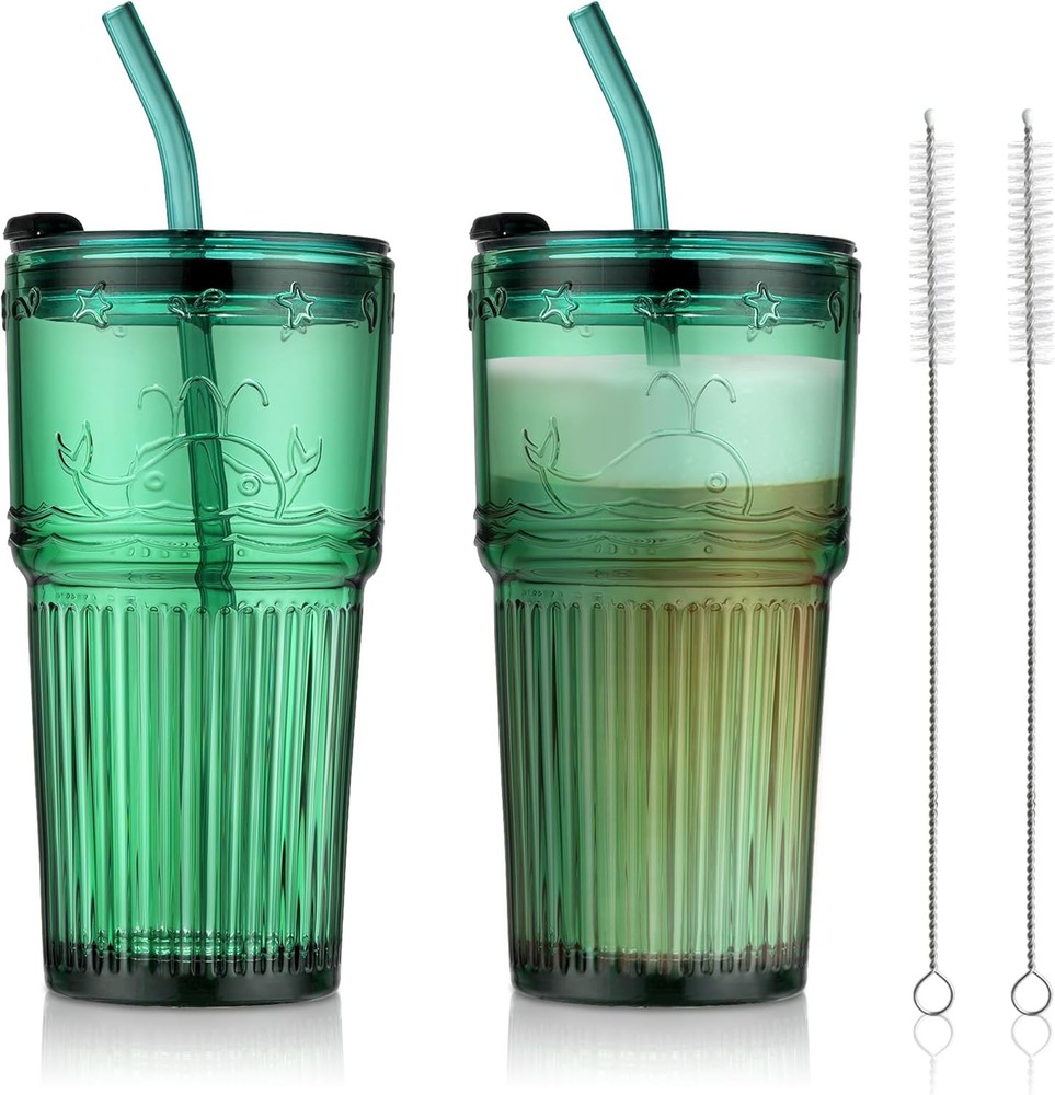 Whale Pattern Green Glass Iced Coffee Mug with Lid and Straw