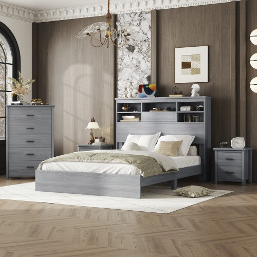 4-Piece Queen Size Bedroom Set w/Drawer 2 Nightstands, Bed with Charging, Wooden