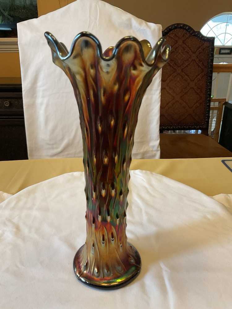 Northwood Tree Trunk Carnival Glass Vase 10.25 Electric Amethyst Vintage