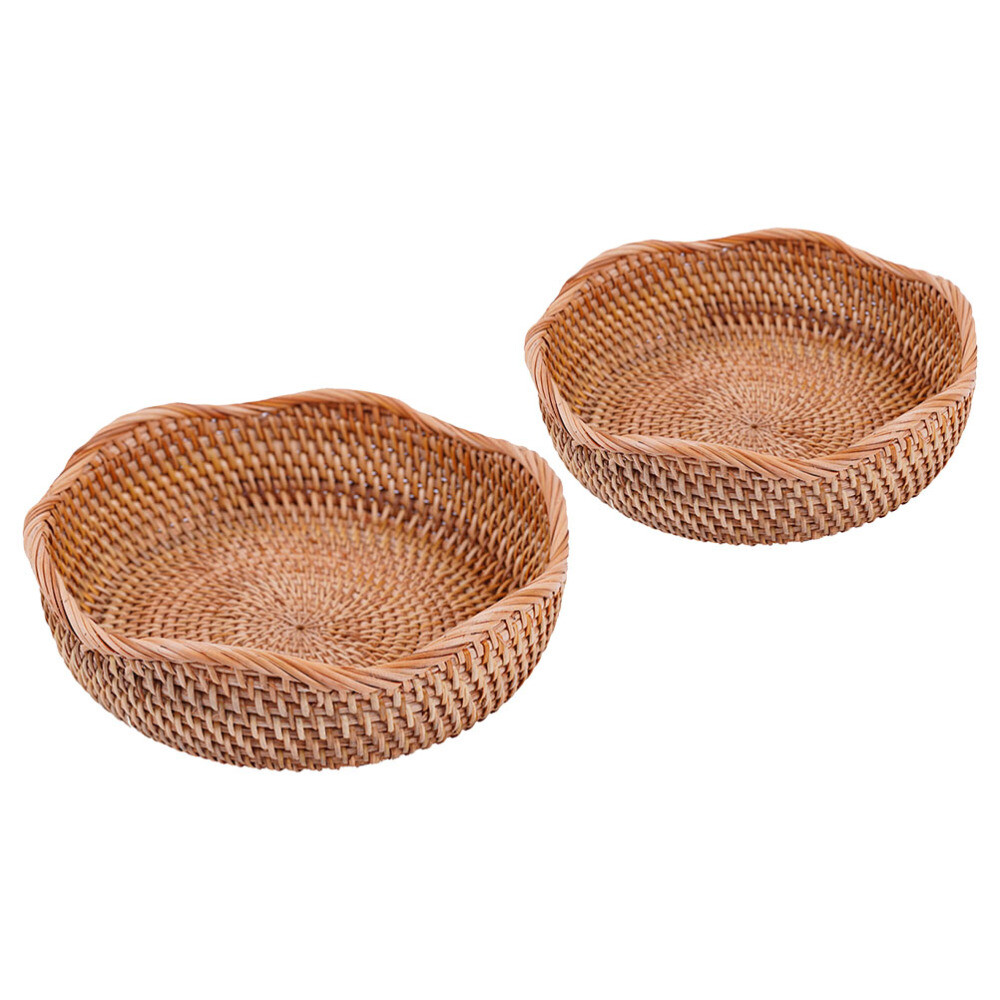 2 Pcs Wicker Baskets Woven Fruit Veggie Tray with Lid Round