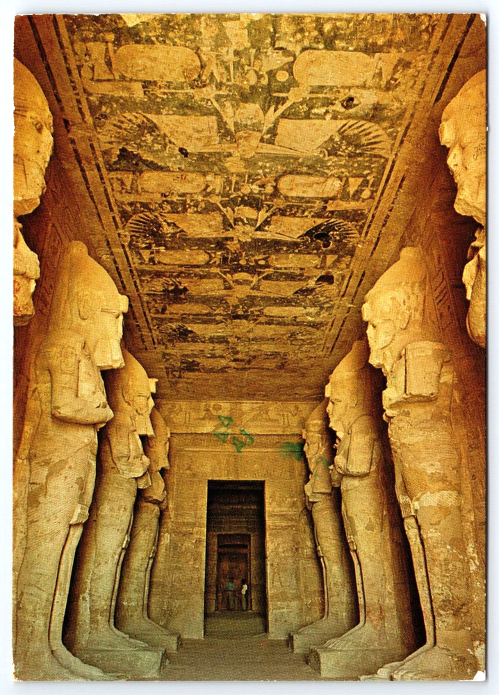 VINTAGE OLD ANTIQUE POSTCARD PICTURE PHOTO EGYPTIAN TEMPLE HALL STATUES EGYPT