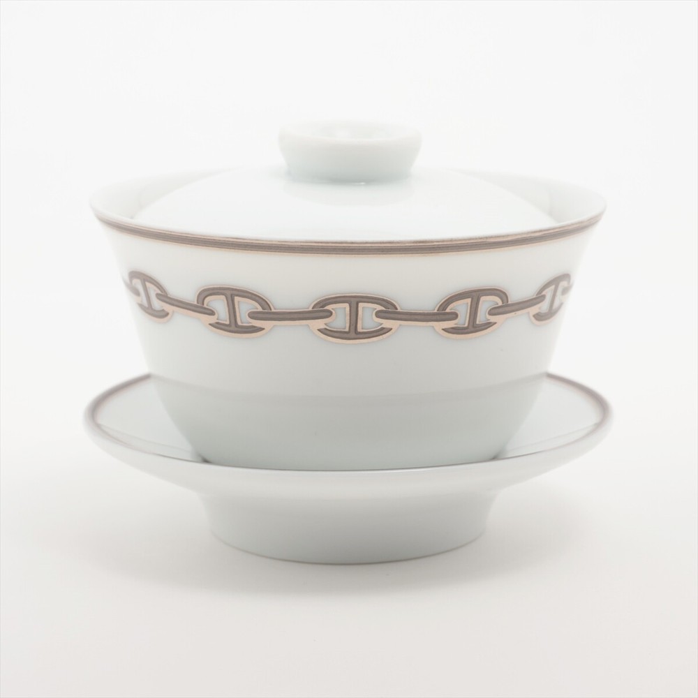 Hermès Chaîne d'Ancre Teaware Ceramic White x silver saucers with lid Yunokup