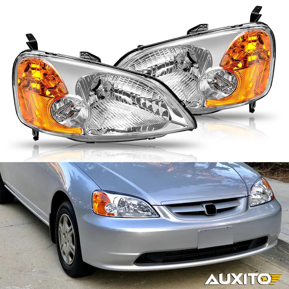 2x Headlight Amber Reflector Chrome Housing For 2001-2003 Honda Civic HO2519102