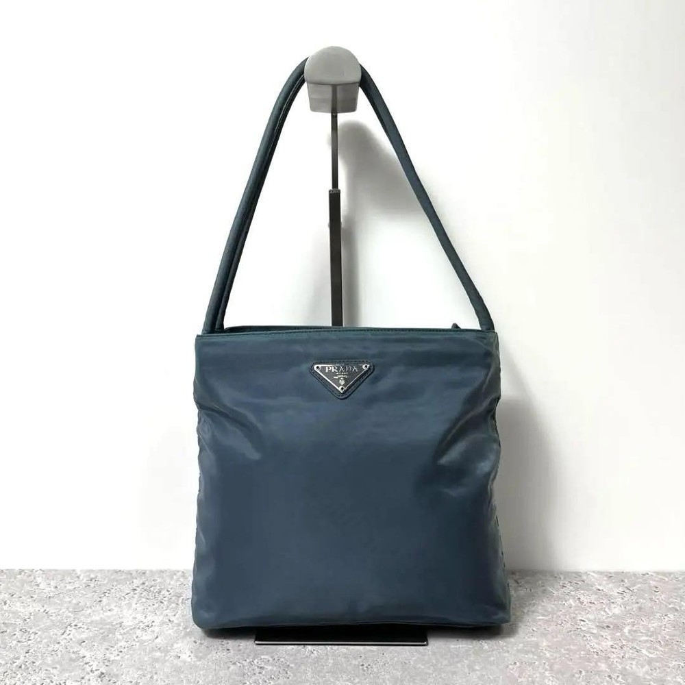 Prada Blue Nylon Triangle Logo Tote Bag Luxury Preowned Handbag